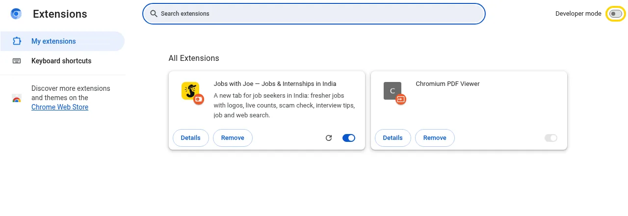 Chrome’s extensions page with the Developer mode switch at the top right highlighted in yellow.