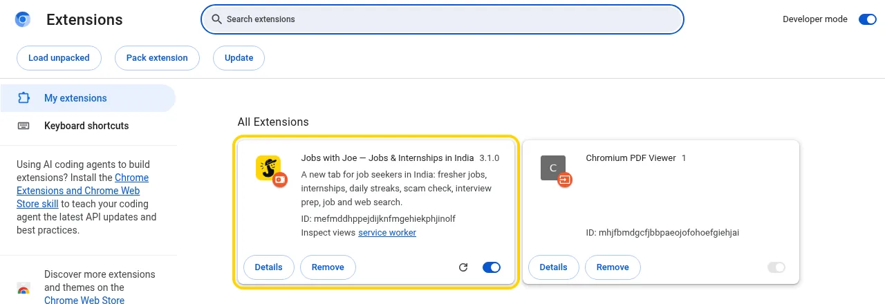 The Jobs with Joe card on the extensions page, switched on, version 3.1.0.