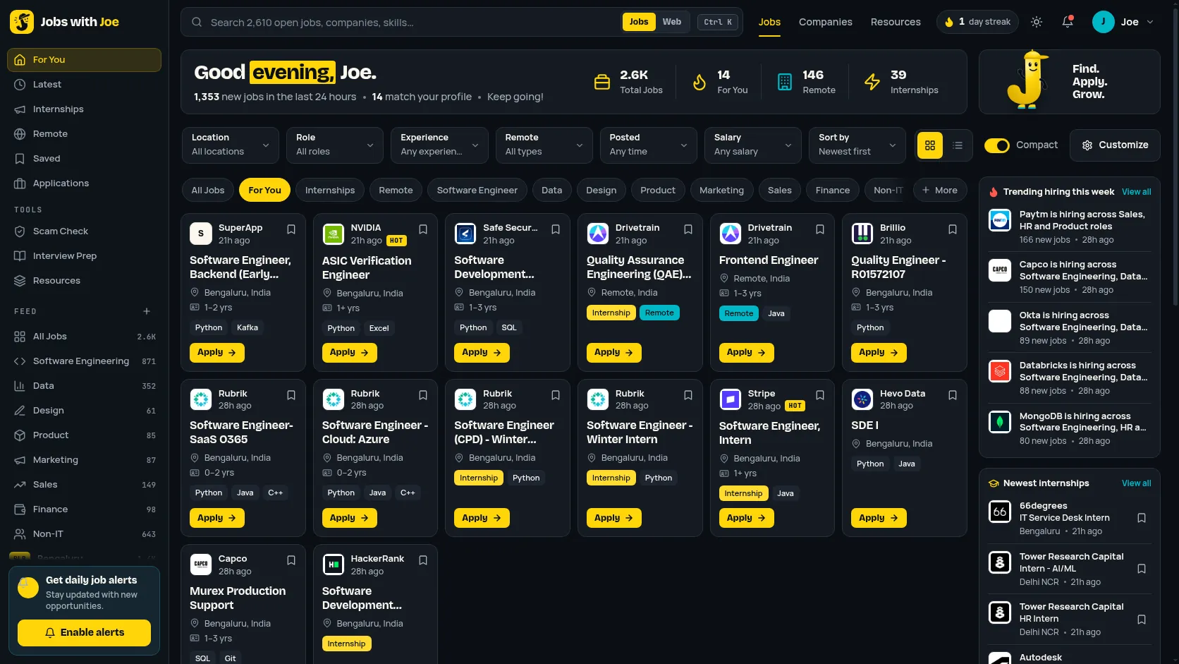 The Jobs with Joe new tab: a sidebar of feeds and categories, the Jobs and Web search, a greeting with today’s counts and Joe the mascot, a filter bar, category chips, a dense grid of job cards with company logos and Apply buttons, and Trending hiring this week on the right.