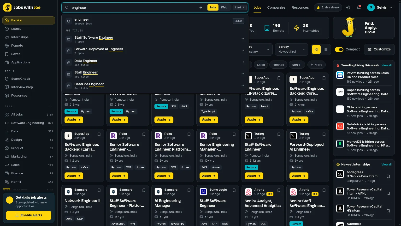 Typing “engineer” in Jobs mode shows suggested job titles with the matching word underlined in yellow.